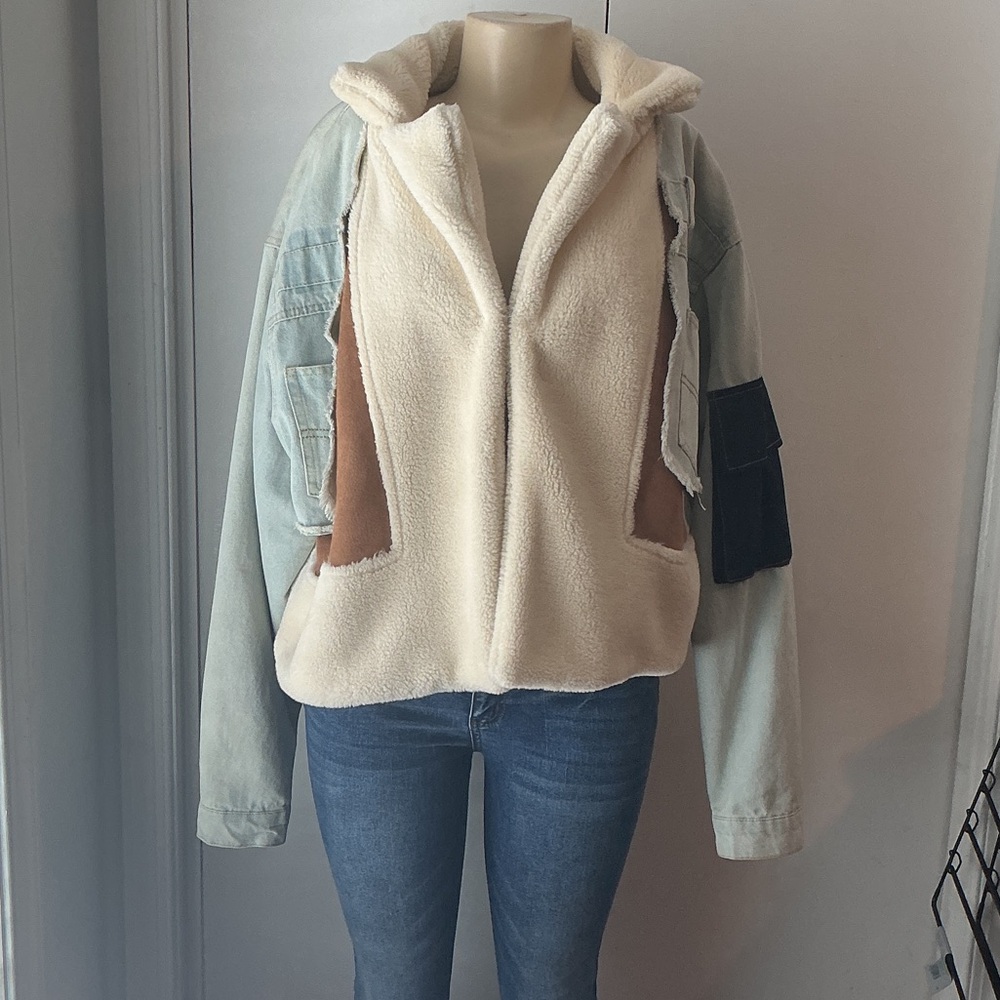 SHEIN Cream and Brown Teddy Jacket with jean Sleeves